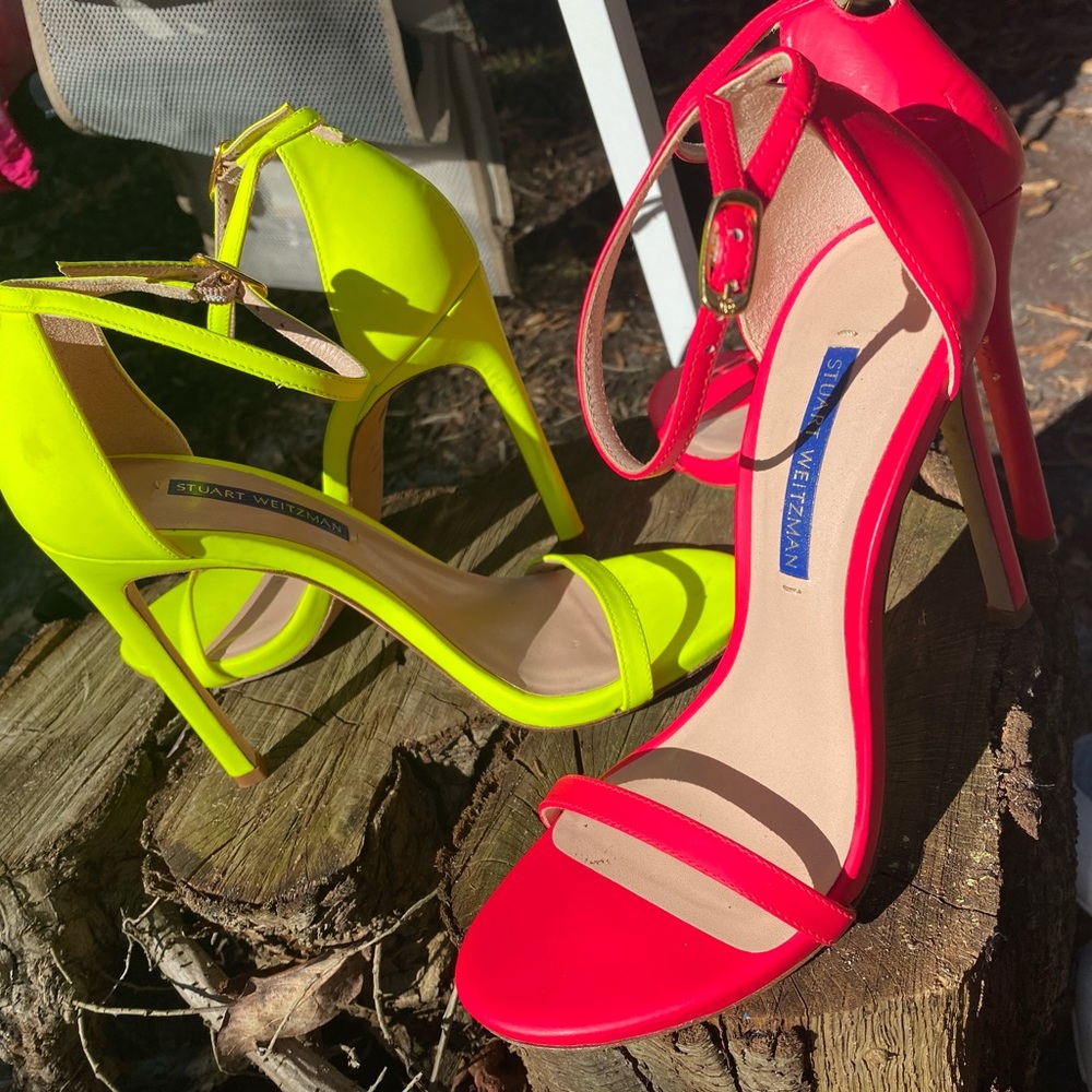 Neon Pink Strappy Heels by Stuart Weitzman